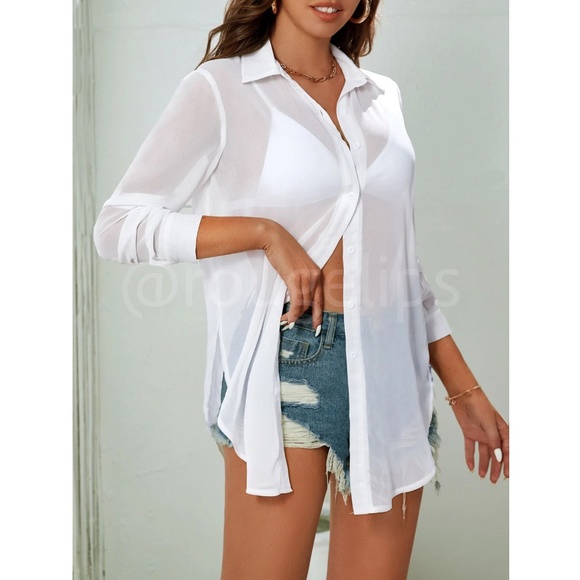 White Sheer Chiffon Button Down Shirt Long Sleeve - Picture 4 of 6